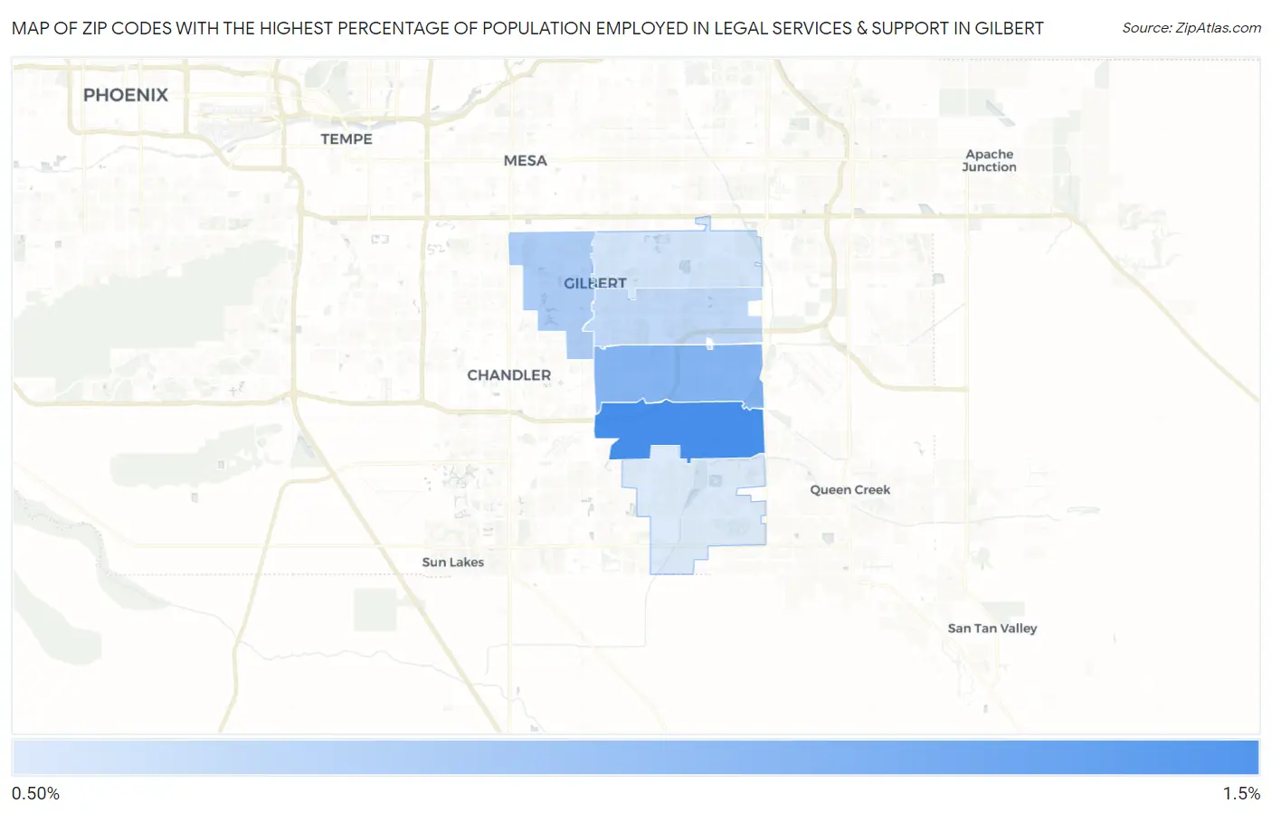 Zip Codes with the Highest Percentage of Population Employed in Legal Services & Support in Gilbert Map