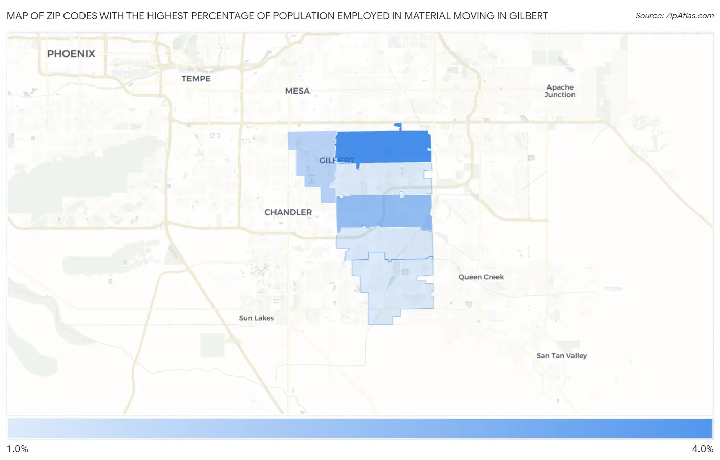 Zip Codes with the Highest Percentage of Population Employed in Material Moving in Gilbert Map