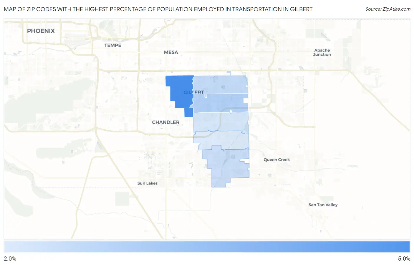 Zip Codes with the Highest Percentage of Population Employed in Transportation in Gilbert Map