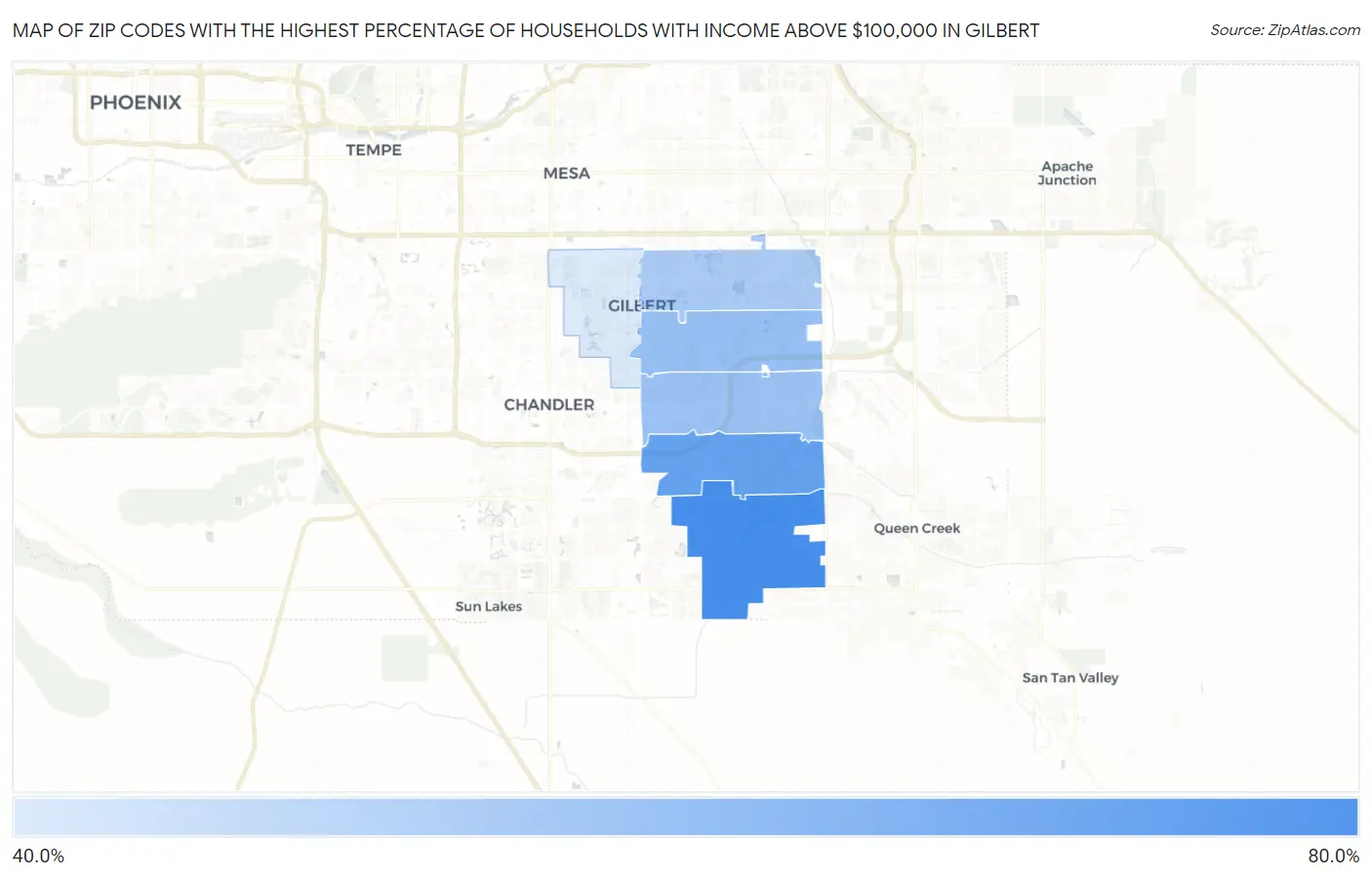 Zip Codes with the Highest Percentage of Households with Income Above $100,000 in Gilbert Map