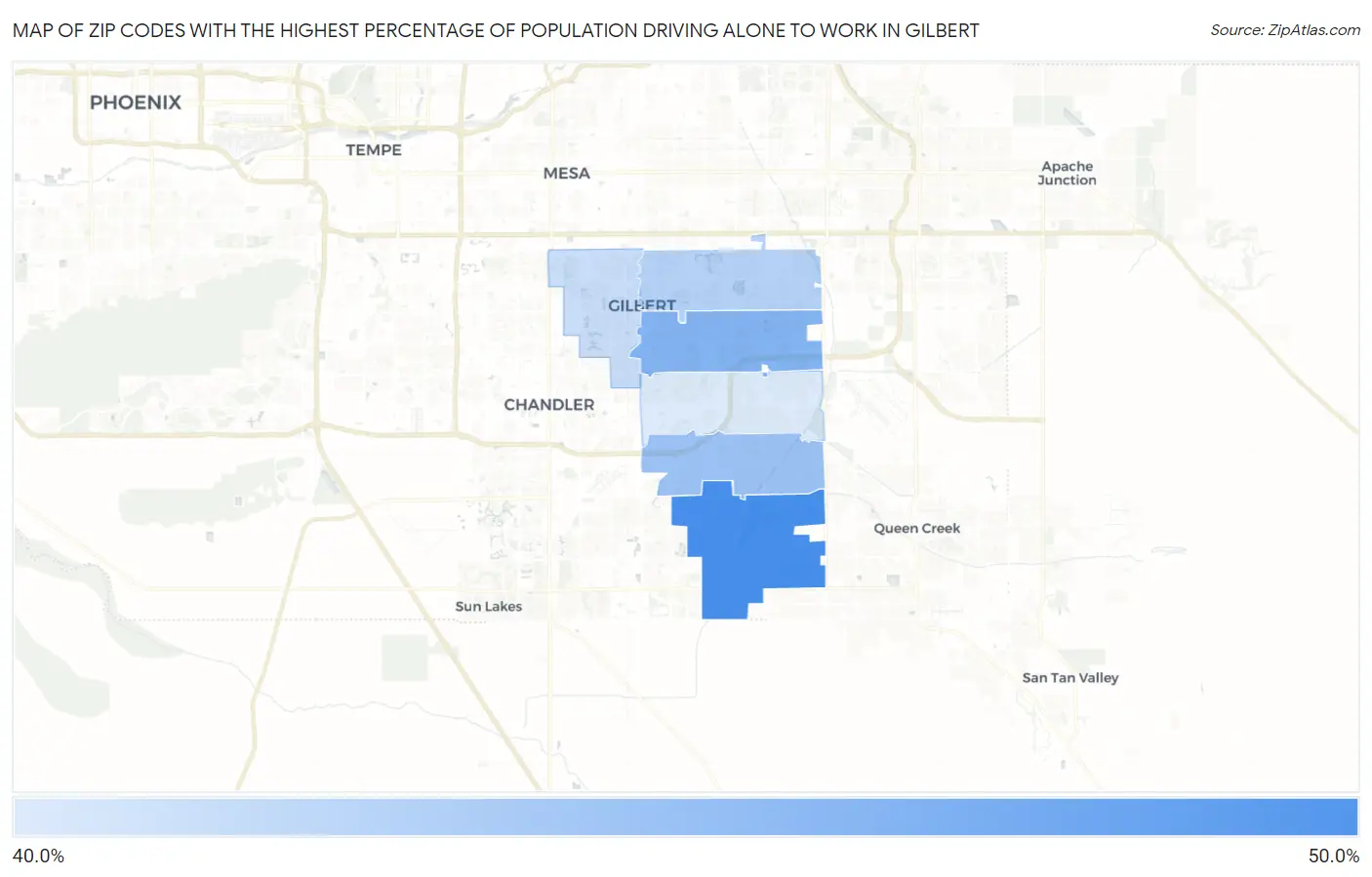 Zip Codes with the Highest Percentage of Population Driving Alone to Work in Gilbert Map