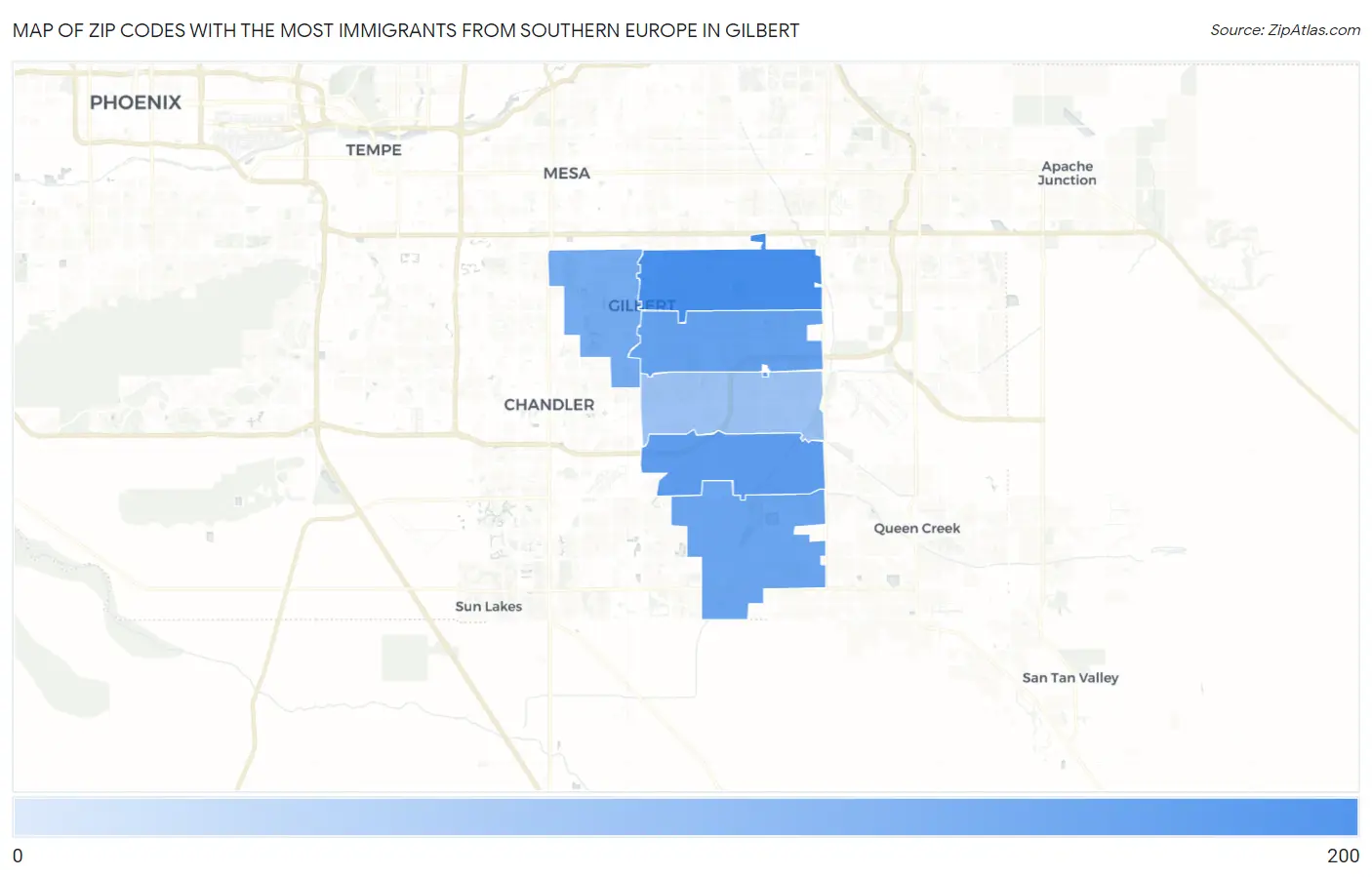 Zip Codes with the Most Immigrants from Southern Europe in Gilbert Map