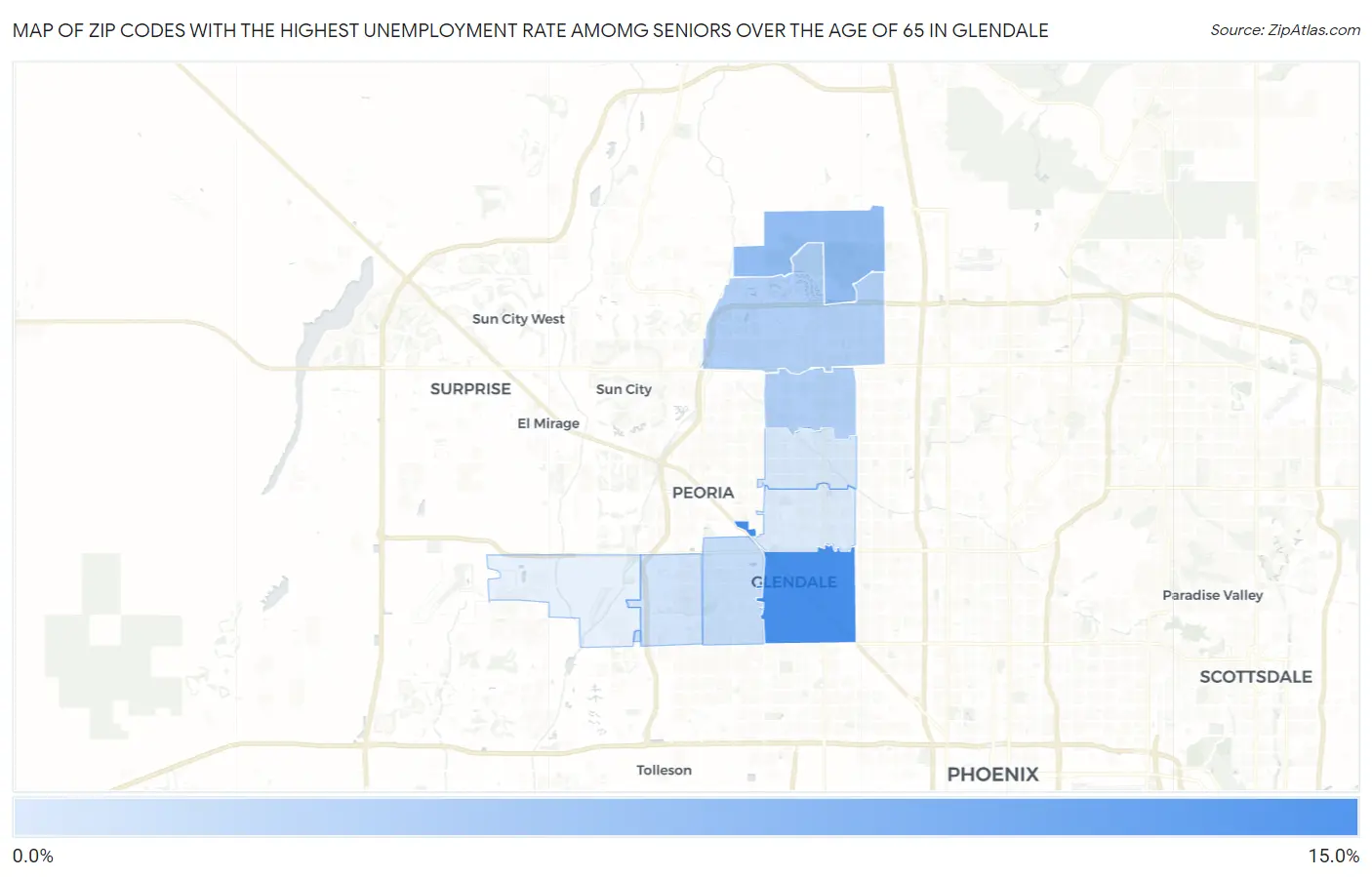 Zip Codes with the Highest Unemployment Rate Amomg Seniors Over the Age of 65 in Glendale Map