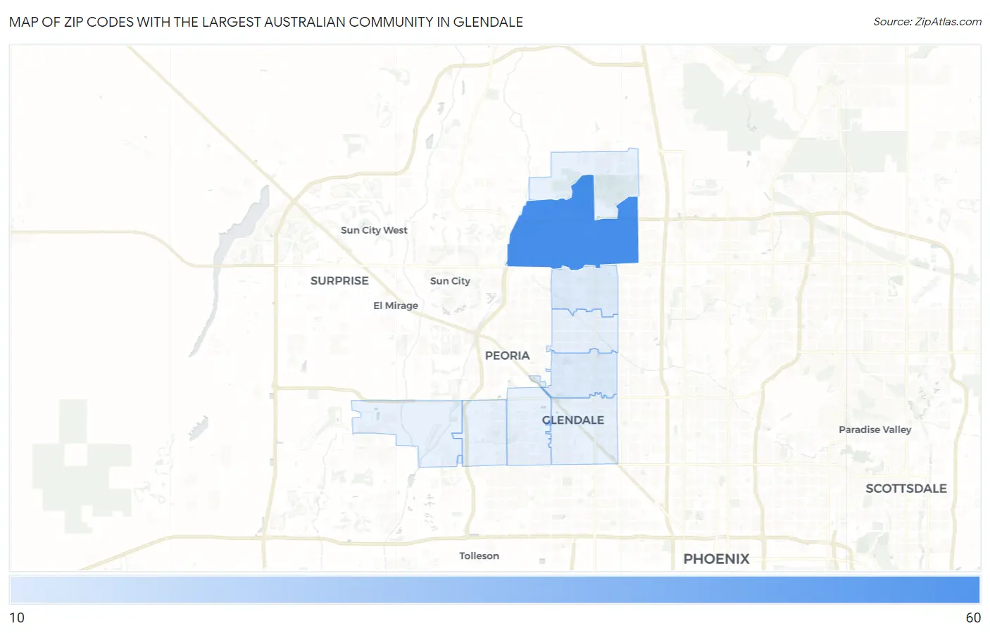 Zip Codes with the Largest Australian Community in Glendale Map