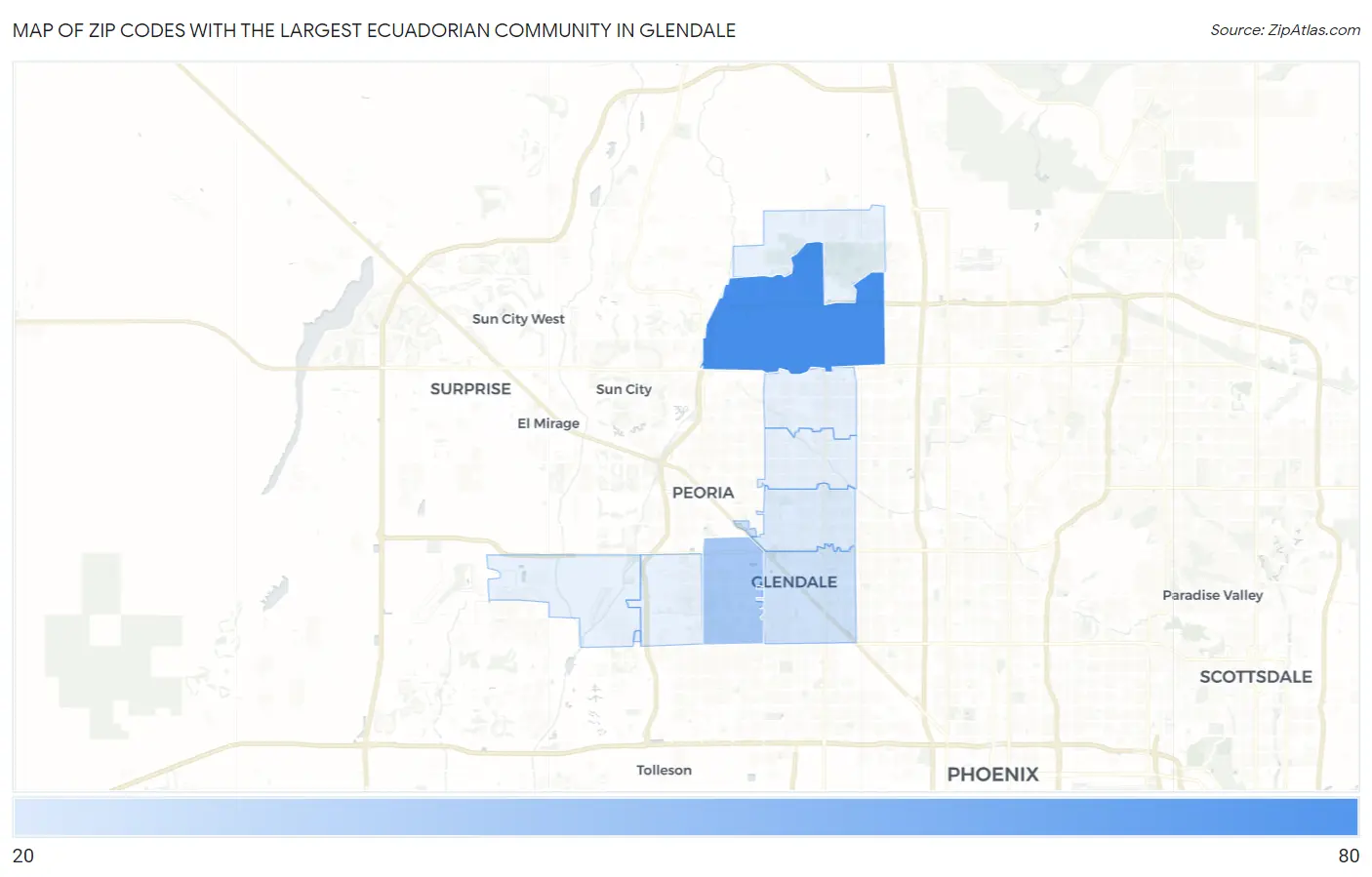 Zip Codes with the Largest Ecuadorian Community in Glendale Map