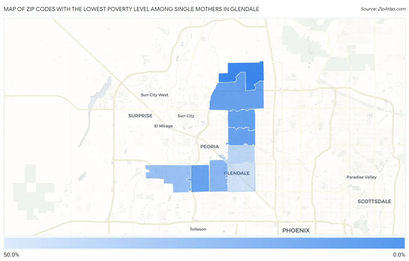 Zip Codes with the Lowest Poverty Level Among Single Mothers in Glendale Map