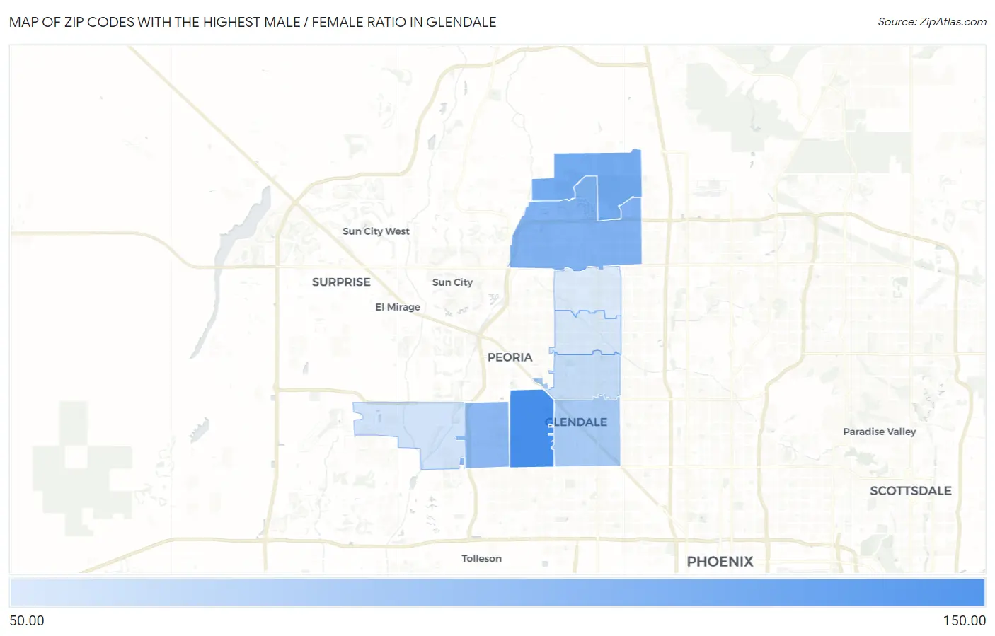Zip Codes with the Highest Male / Female Ratio in Glendale Map