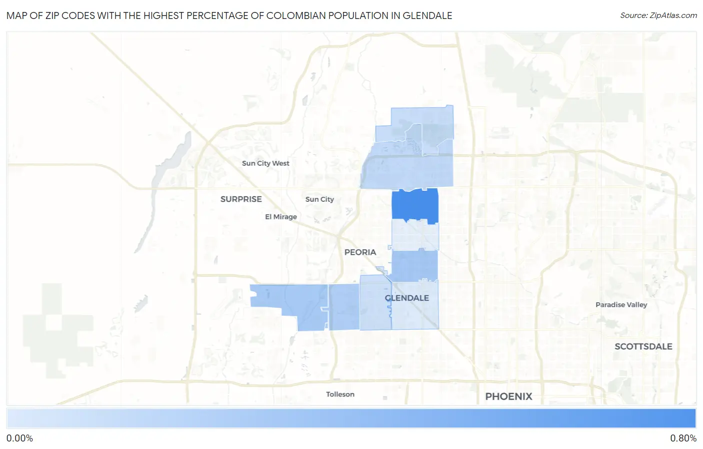 Zip Codes with the Highest Percentage of Colombian Population in Glendale Map