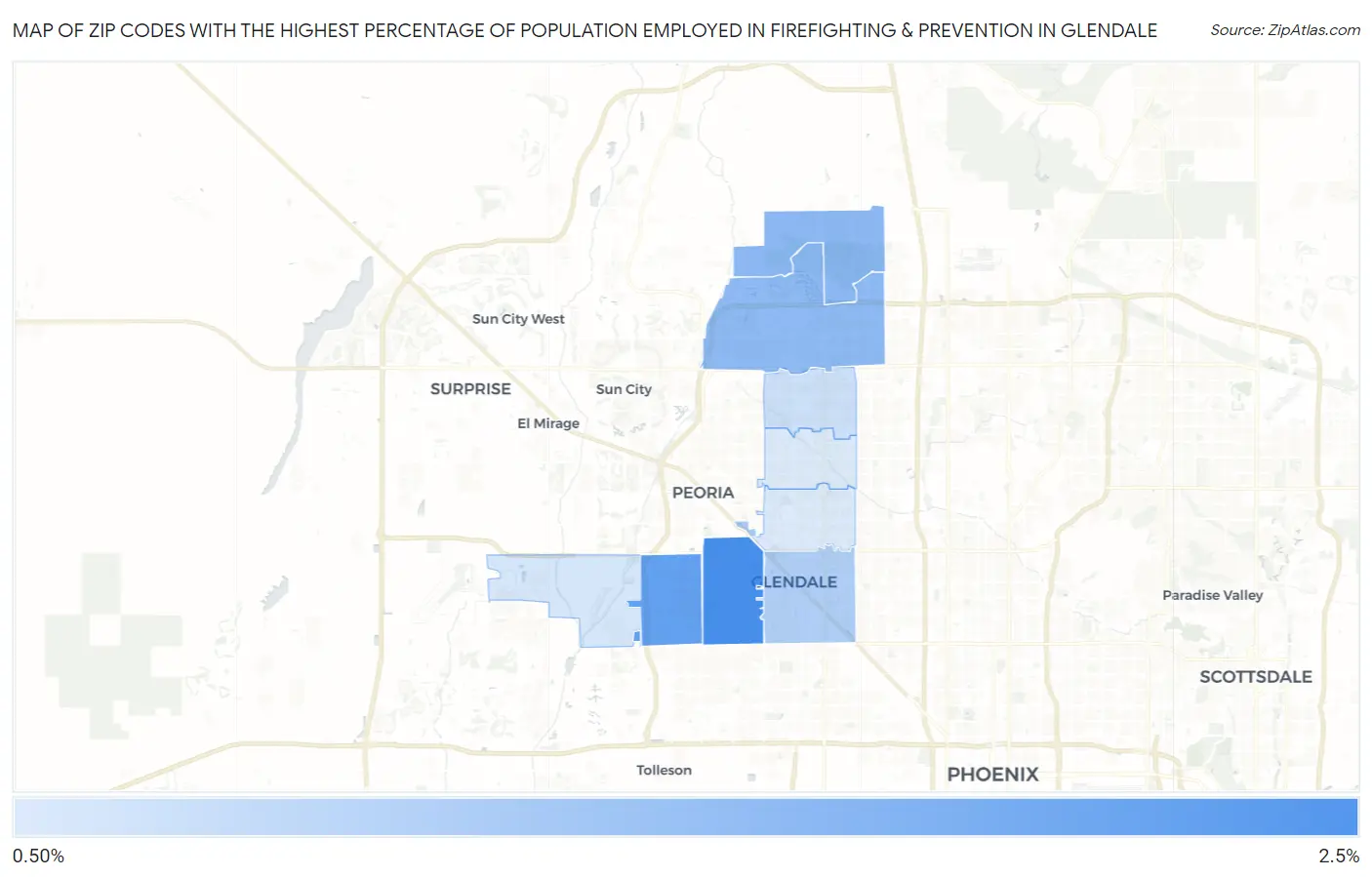 Zip Codes with the Highest Percentage of Population Employed in Firefighting & Prevention in Glendale Map