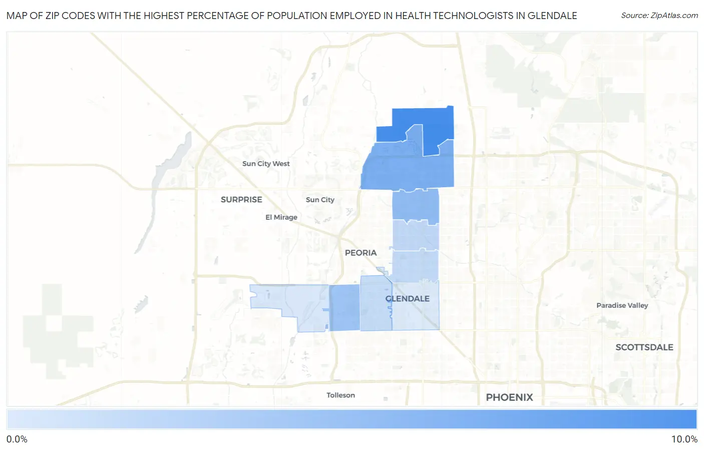 Zip Codes with the Highest Percentage of Population Employed in Health Technologists in Glendale Map
