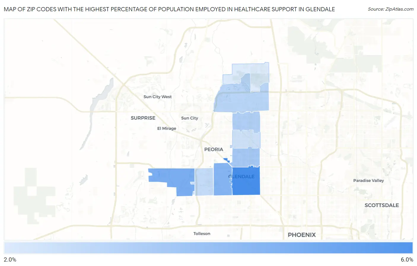 Zip Codes with the Highest Percentage of Population Employed in Healthcare Support in Glendale Map