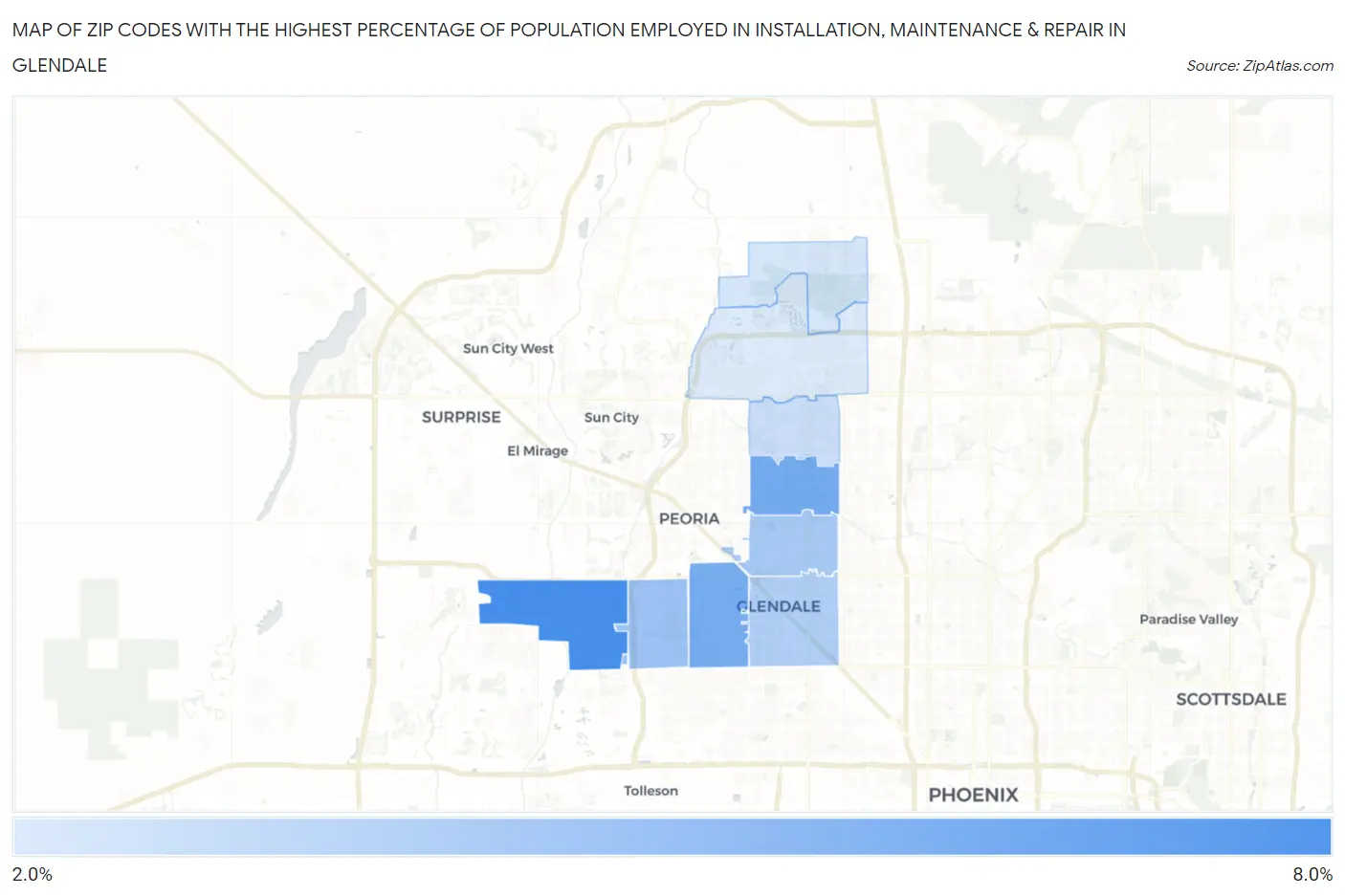 Zip Codes with the Highest Percentage of Population Employed in Installation, Maintenance & Repair in Glendale Map