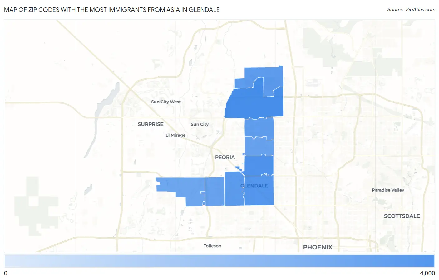 Zip Codes with the Most Immigrants from Asia in Glendale Map