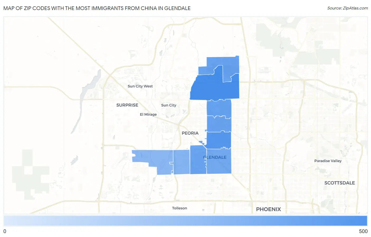 Zip Codes with the Most Immigrants from China in Glendale Map