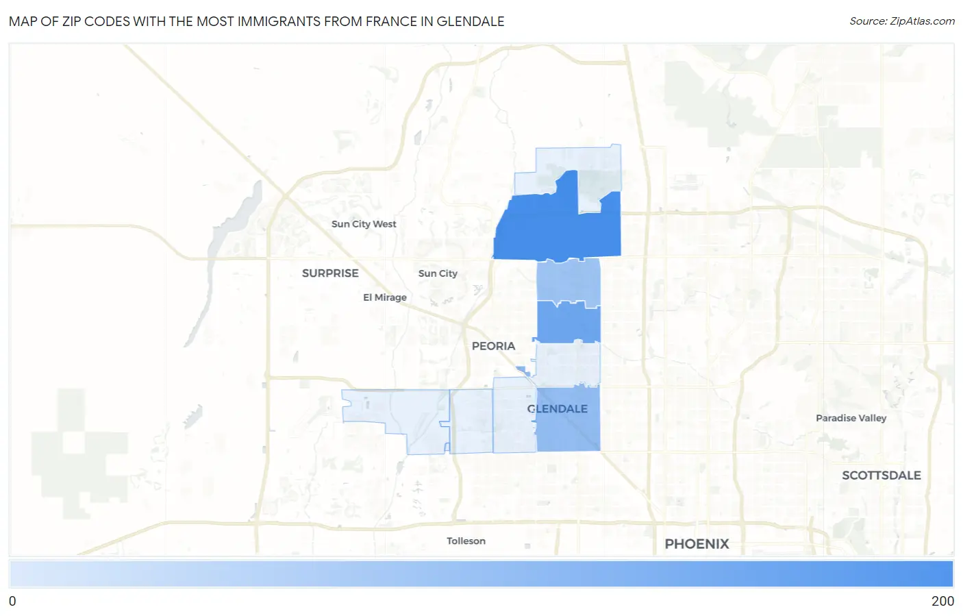 Zip Codes with the Most Immigrants from France in Glendale Map