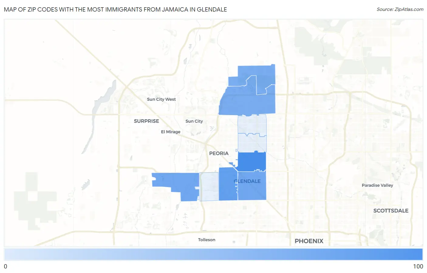 Zip Codes with the Most Immigrants from Jamaica in Glendale Map
