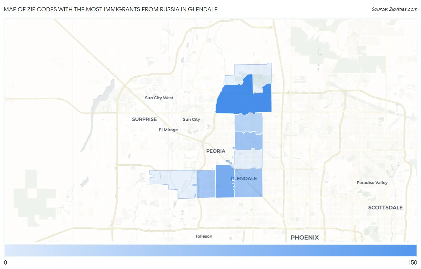 Zip Codes with the Most Immigrants from Russia in Glendale Map