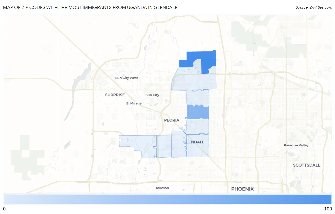 Zip Codes with the Most Immigrants from Uganda in Glendale Map