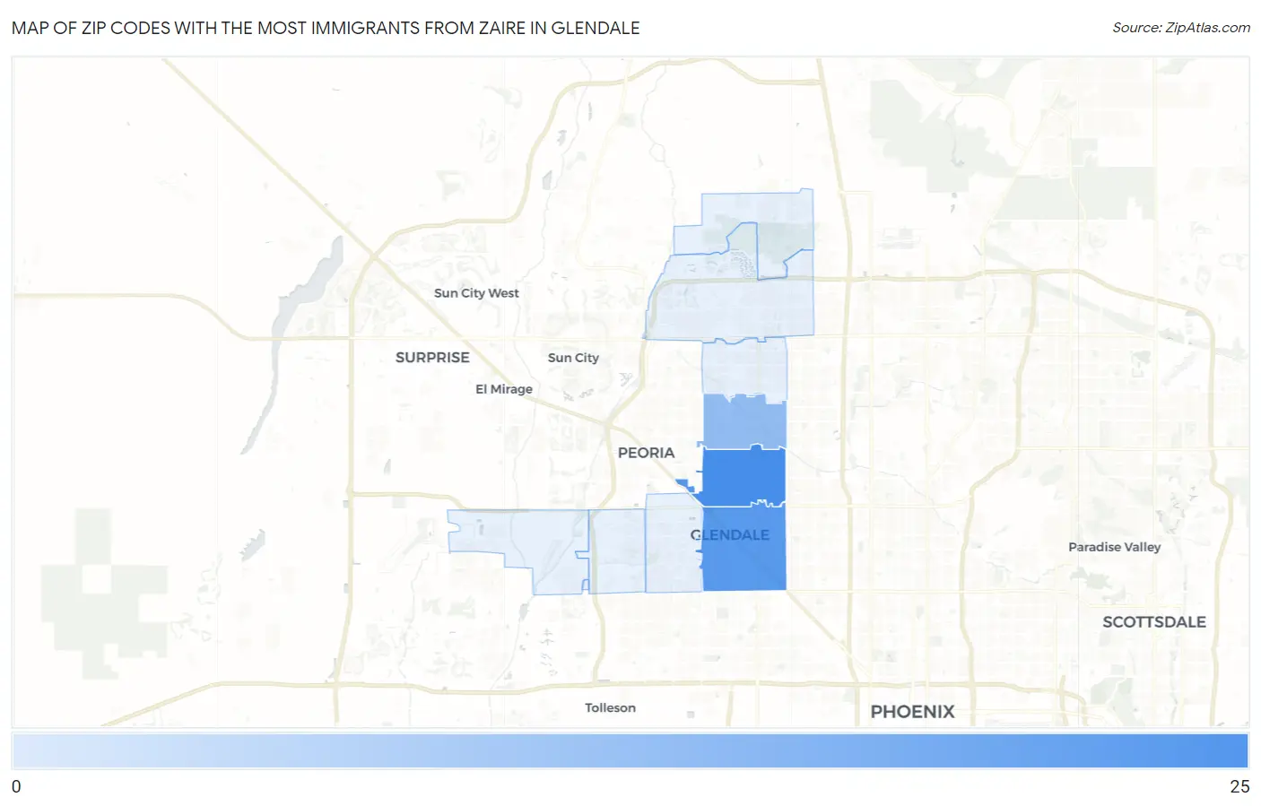 Zip Codes with the Most Immigrants from Zaire in Glendale Map