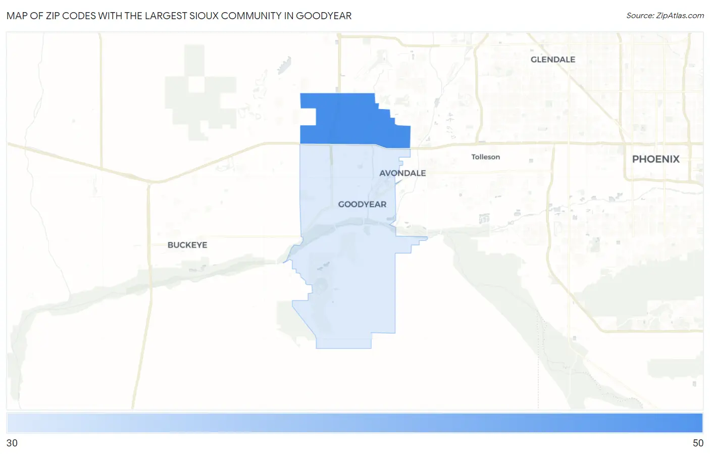 Zip Codes with the Largest Sioux Community in Goodyear Map