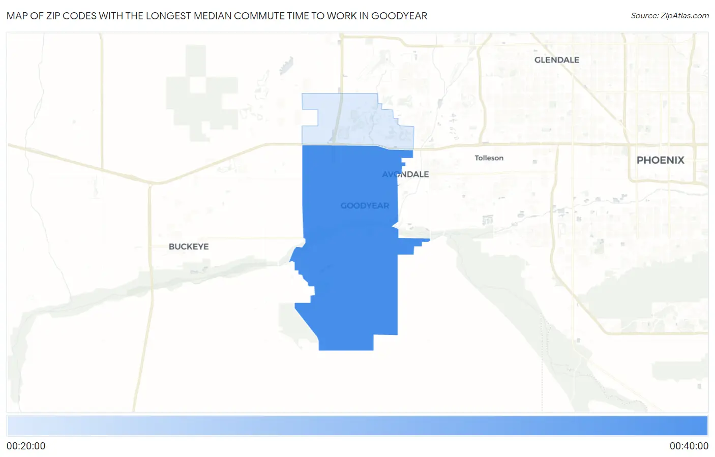Zip Codes with the Longest Median Commute Time to Work in Goodyear Map