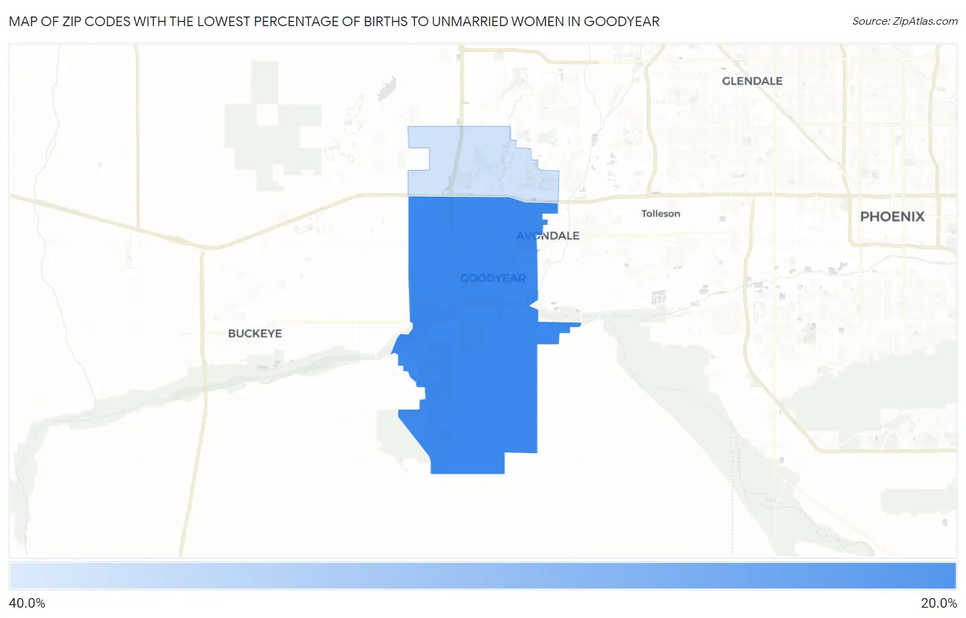Zip Codes with the Lowest Percentage of Births to Unmarried Women in Goodyear Map