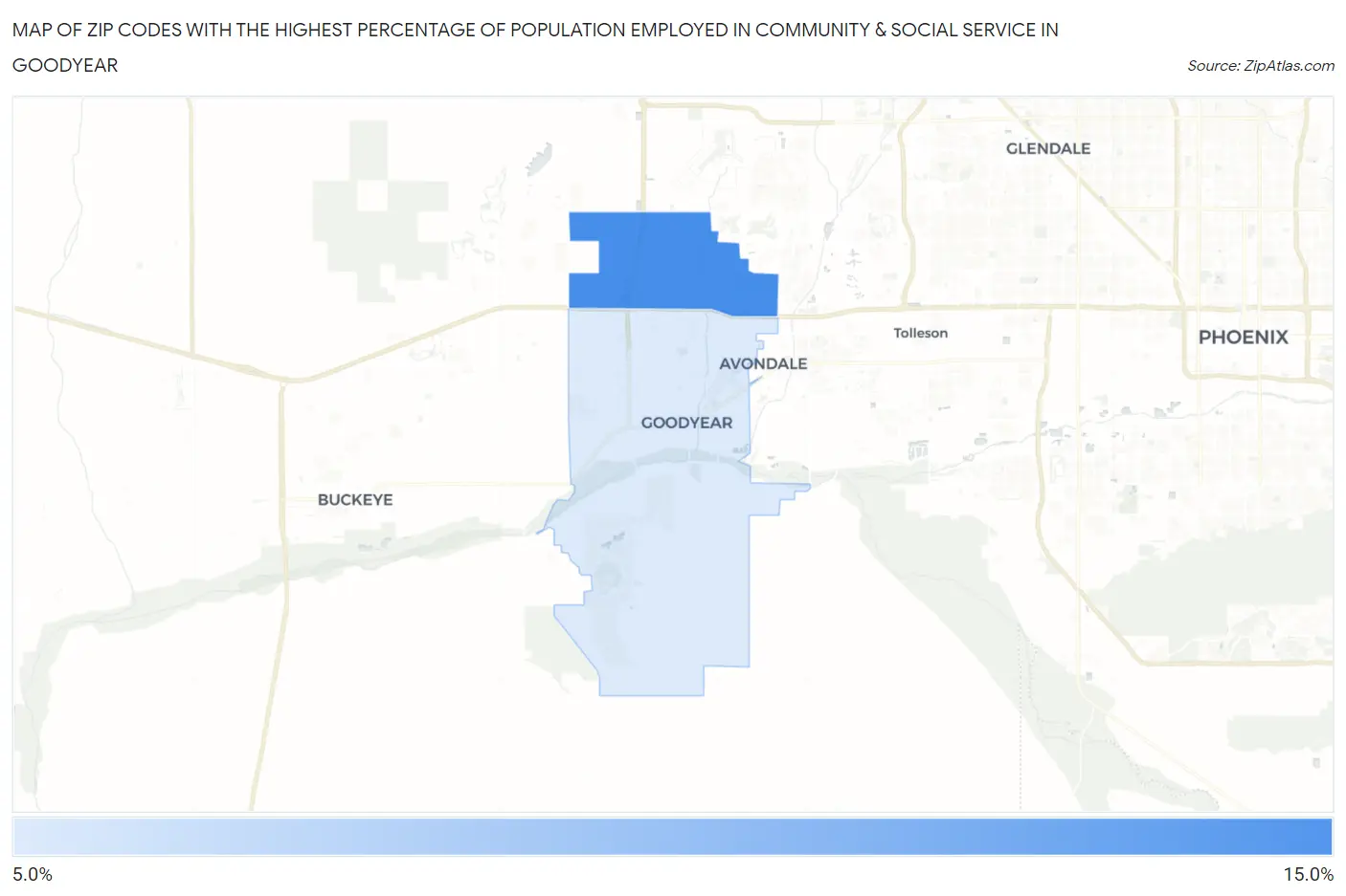 Zip Codes with the Highest Percentage of Population Employed in Community & Social Service  in Goodyear Map