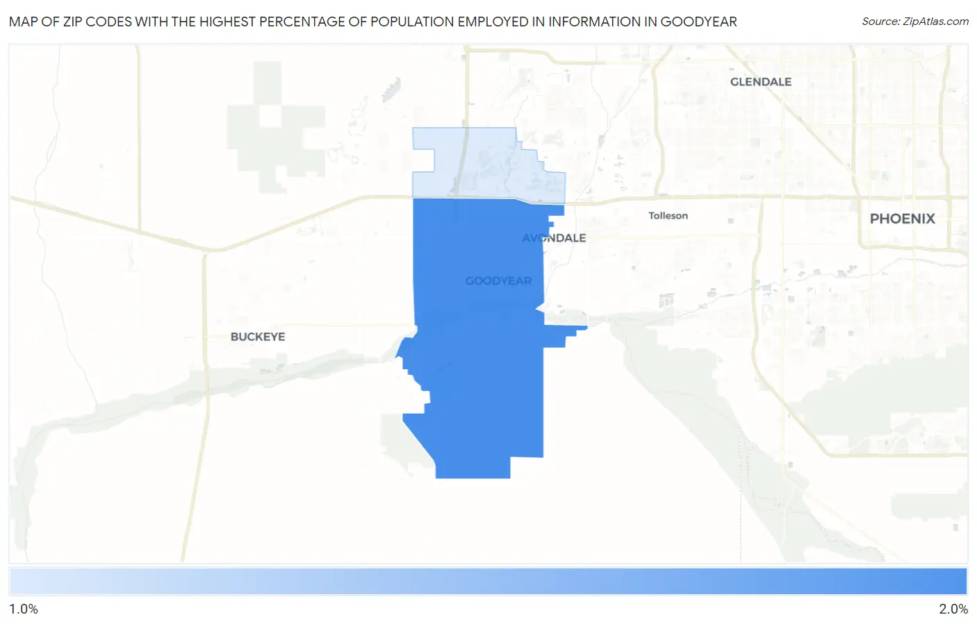 Zip Codes with the Highest Percentage of Population Employed in Information in Goodyear Map