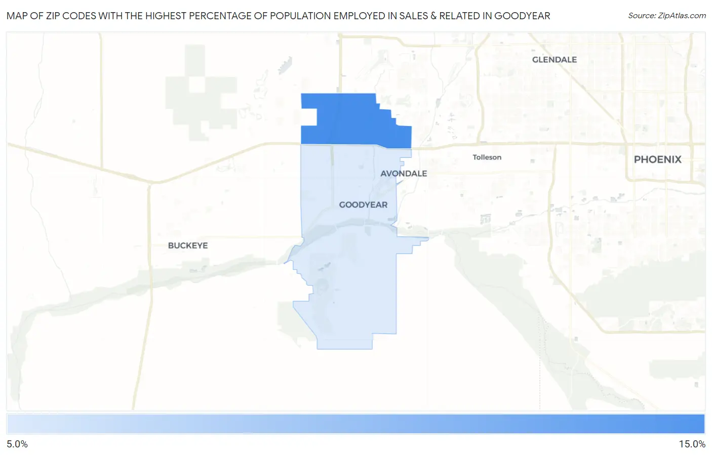 Zip Codes with the Highest Percentage of Population Employed in Sales & Related in Goodyear Map