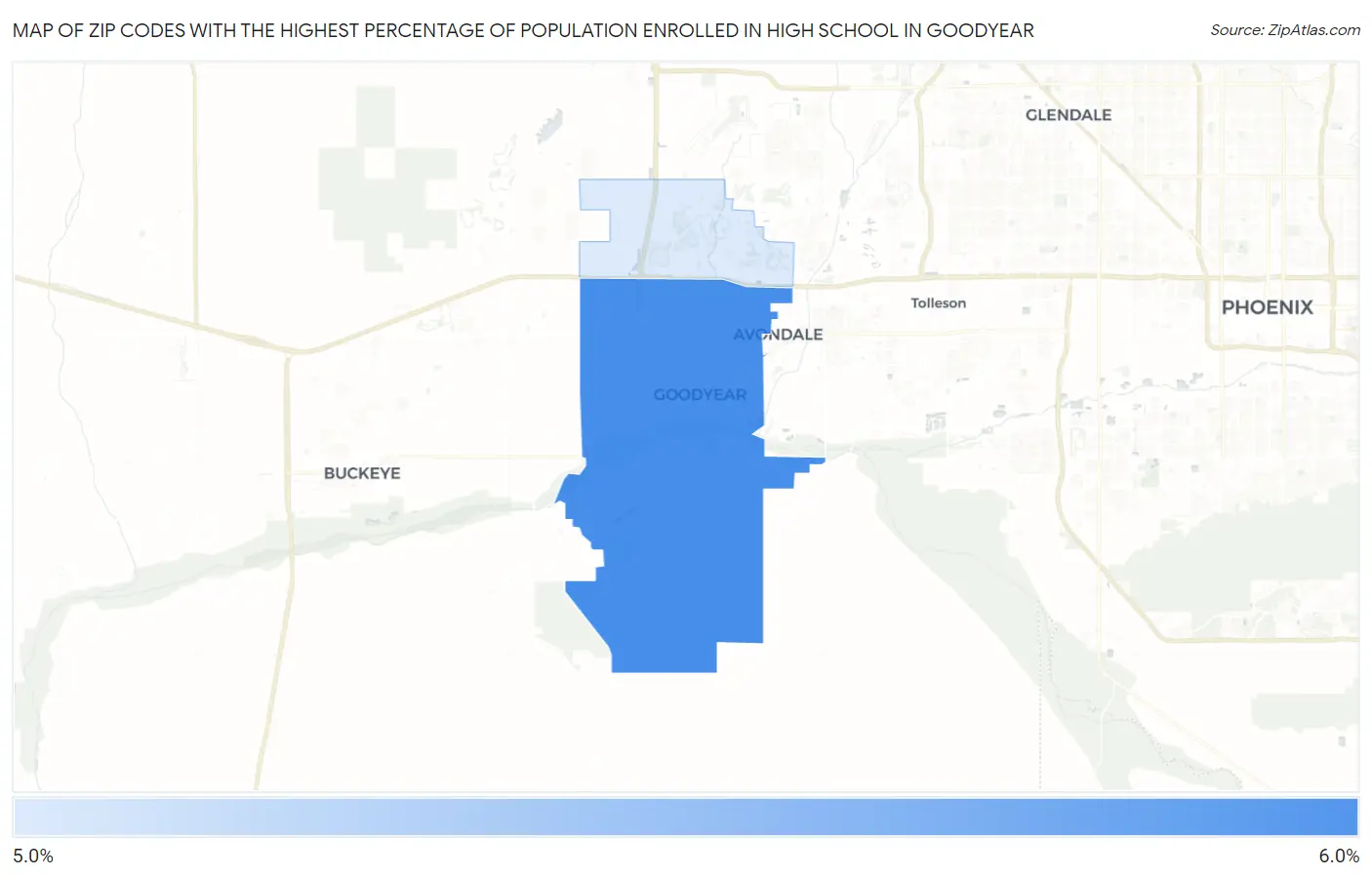 Zip Codes with the Highest Percentage of Population Enrolled in High School in Goodyear Map