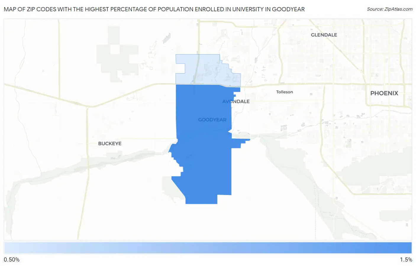 Zip Codes with the Highest Percentage of Population Enrolled in University in Goodyear Map