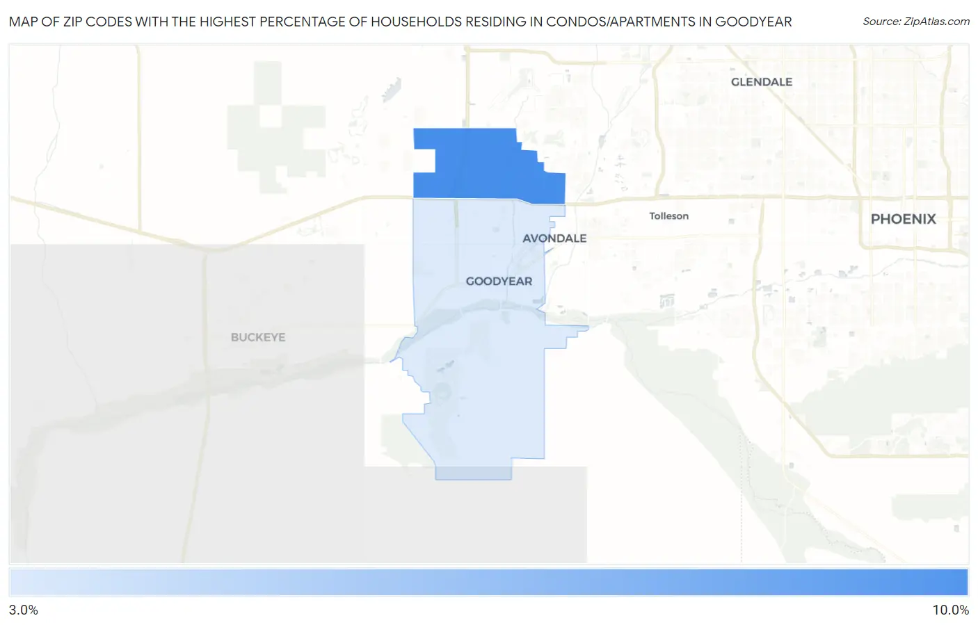Zip Codes with the Highest Percentage of Households Residing in Condos/Apartments in Goodyear Map