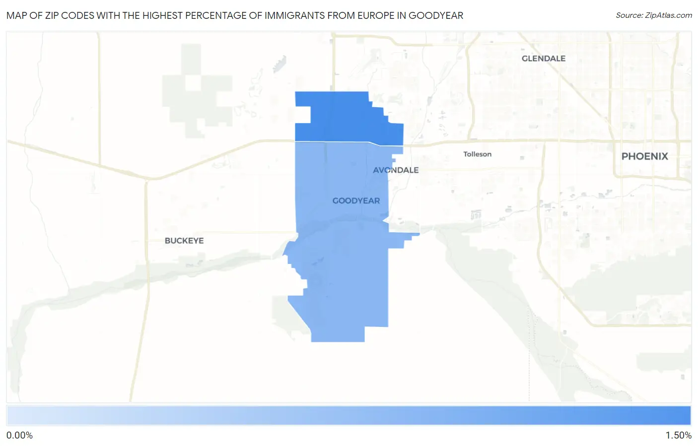 Zip Codes with the Highest Percentage of Immigrants from Europe in Goodyear Map
