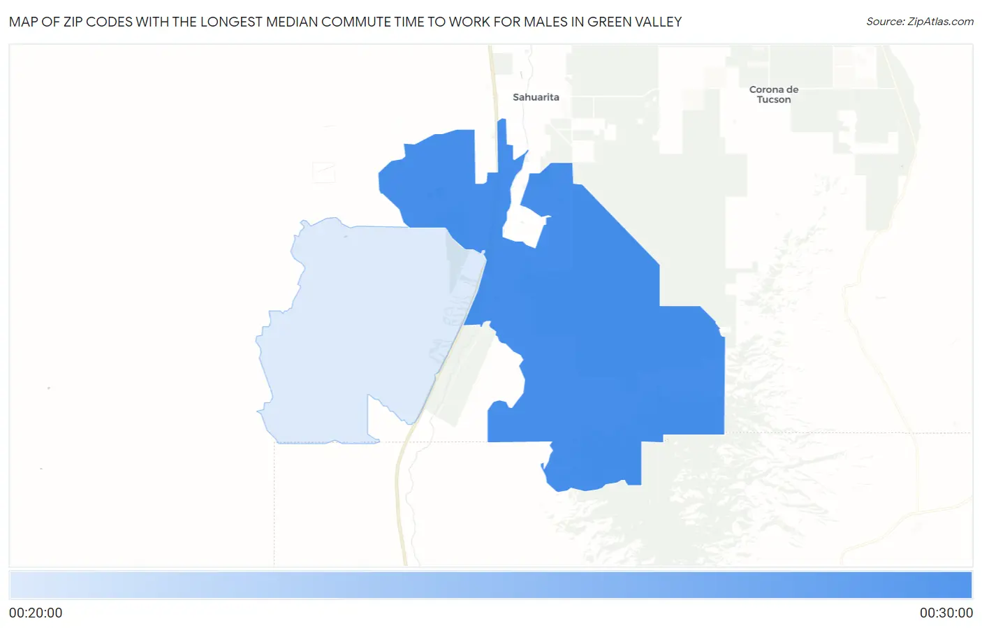 Zip Codes with the Longest Median Commute Time to Work for Males in Green Valley Map