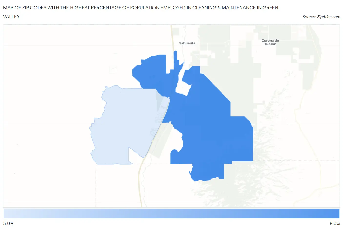 Zip Codes with the Highest Percentage of Population Employed in Cleaning & Maintenance in Green Valley Map