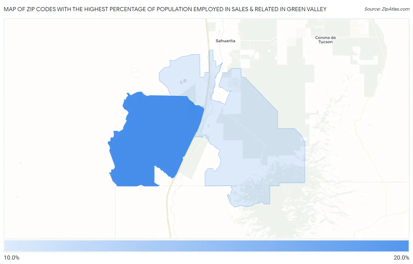 Zip Codes with the Highest Percentage of Population Employed in Sales & Related in Green Valley Map