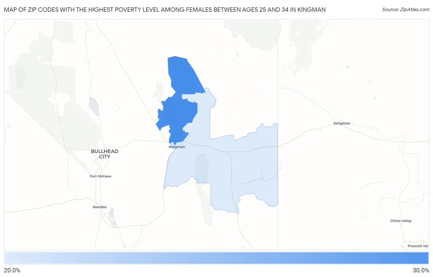 Zip Codes with the Highest Poverty Level Among Females Between Ages 25 and 34 in Kingman Map
