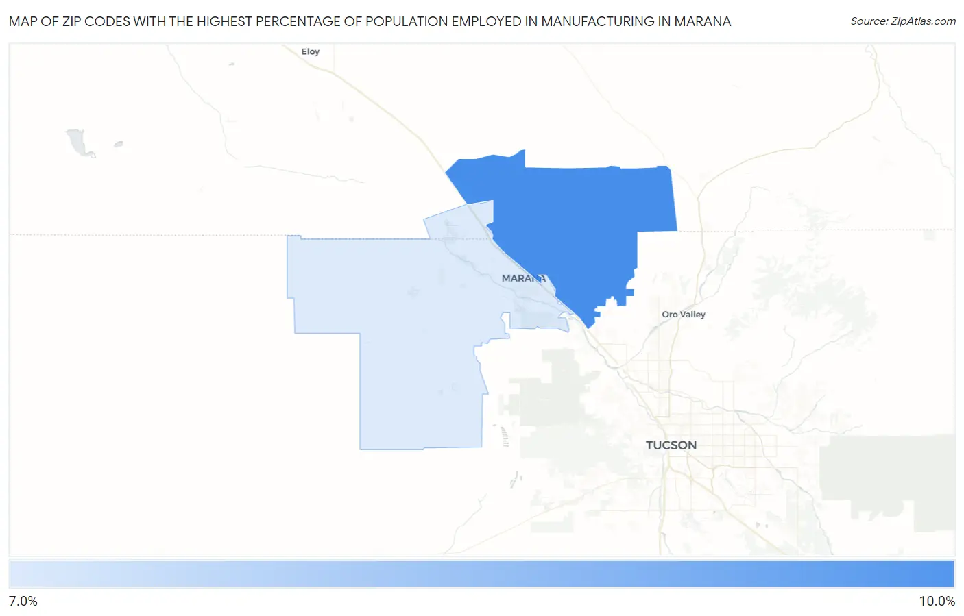 Zip Codes with the Highest Percentage of Population Employed in Manufacturing in Marana Map