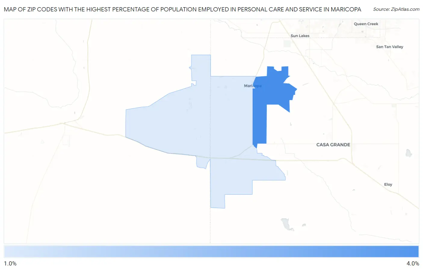 Zip Codes with the Highest Percentage of Population Employed in Personal Care and Service in Maricopa Map