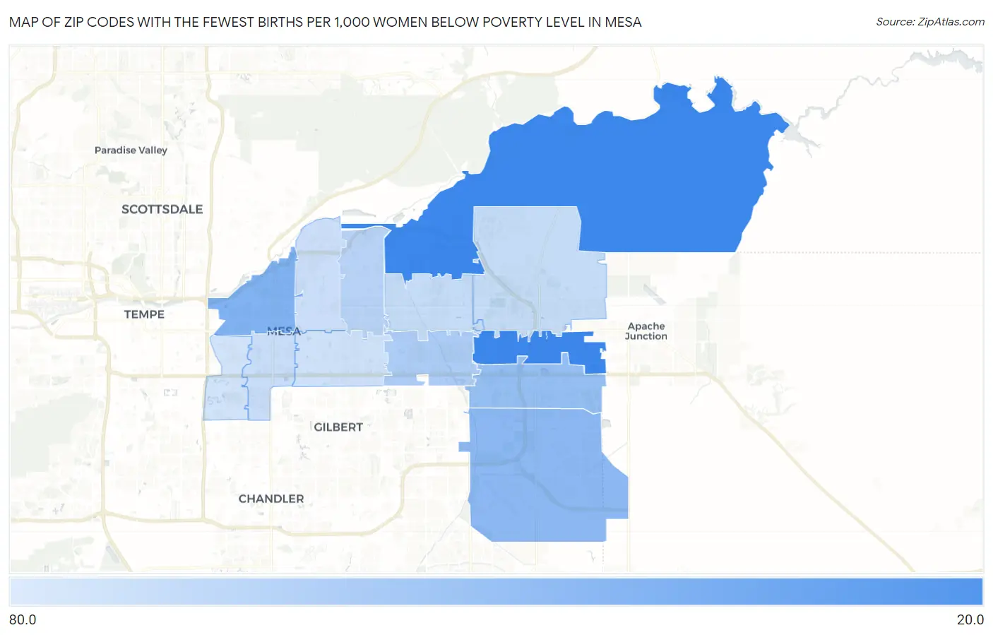 Zip Codes with the Fewest Births per 1,000 Women Below Poverty Level in Mesa Map