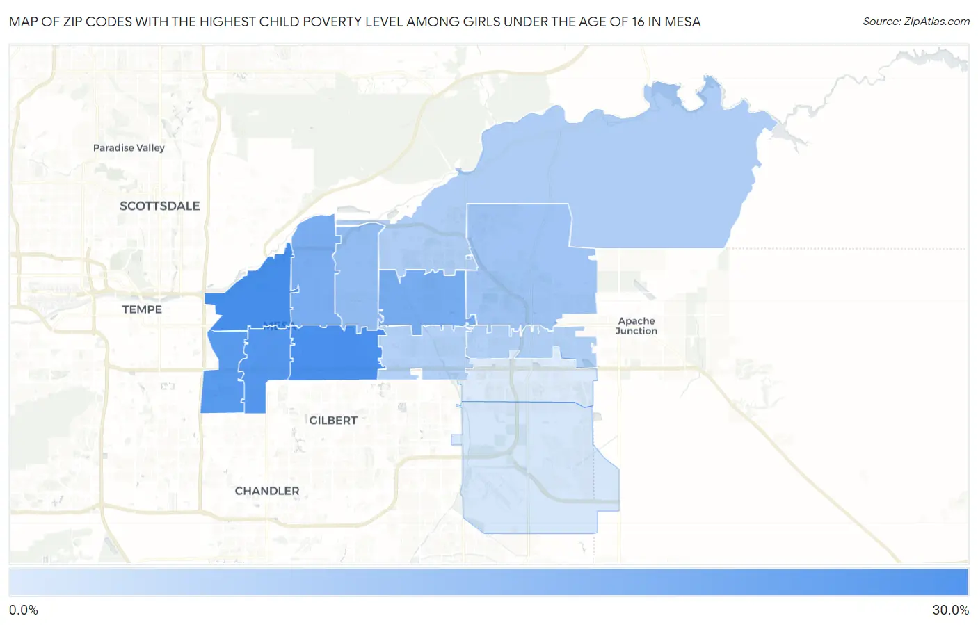 Zip Codes with the Highest Child Poverty Level Among Girls Under the Age of 16 in Mesa Map