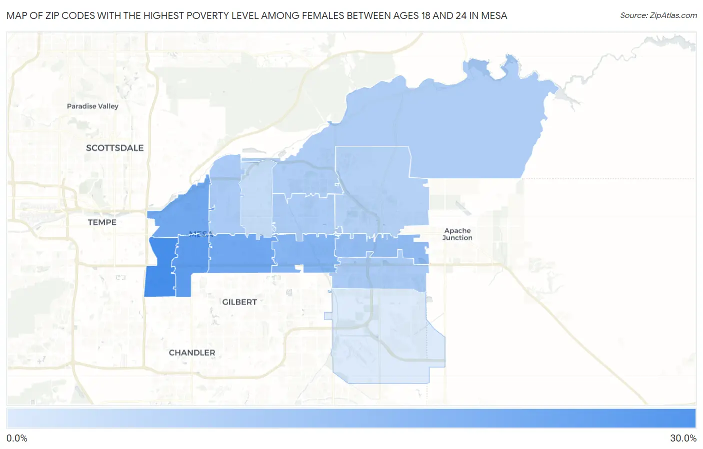 Zip Codes with the Highest Poverty Level Among Females Between Ages 18 and 24 in Mesa Map
