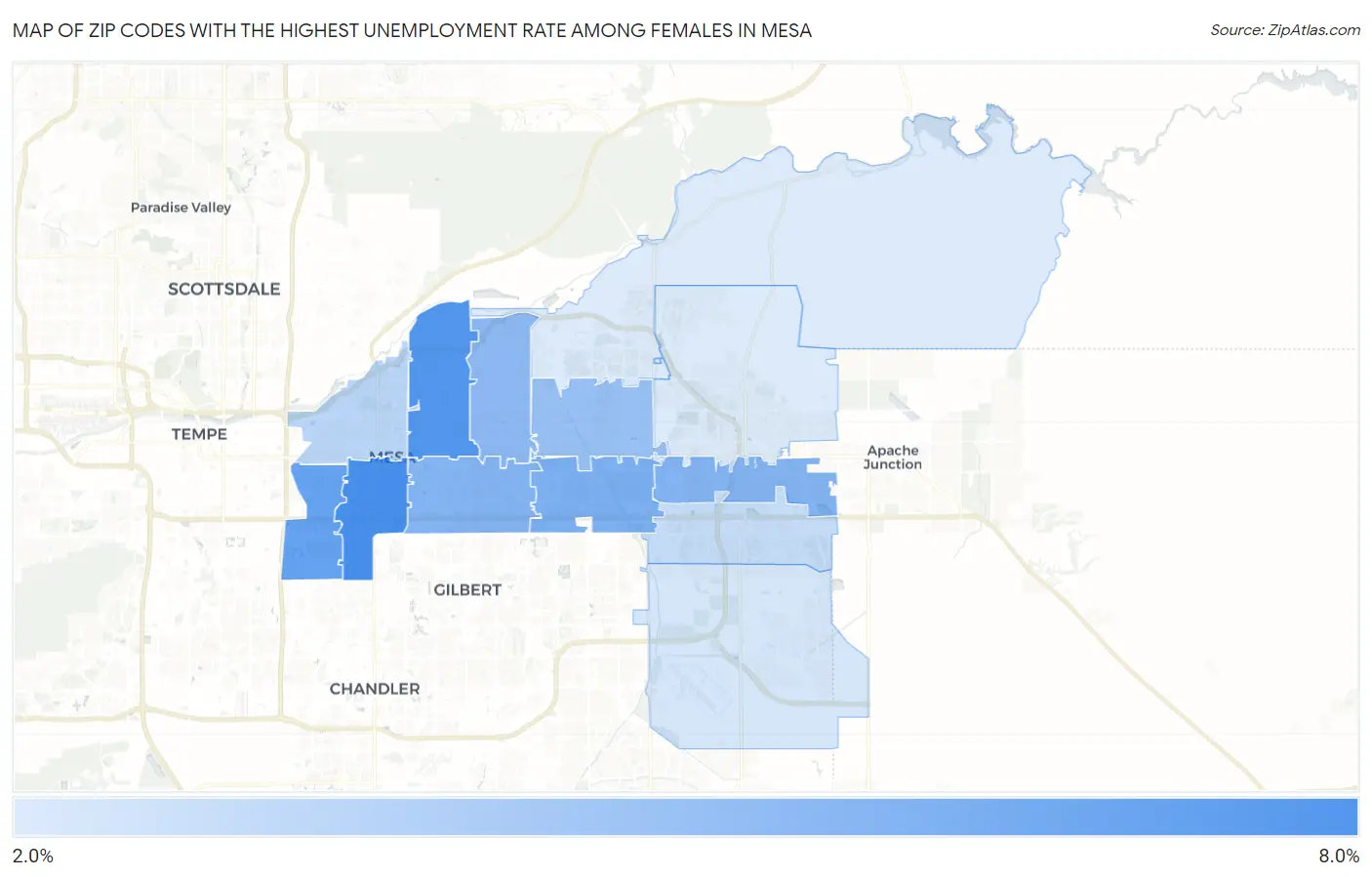 Zip Codes with the Highest Unemployment Rate Among Females in Mesa Map