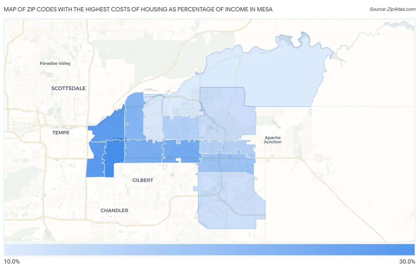 Zip Codes with the Highest Costs of Housing as Percentage of Income in Mesa Map