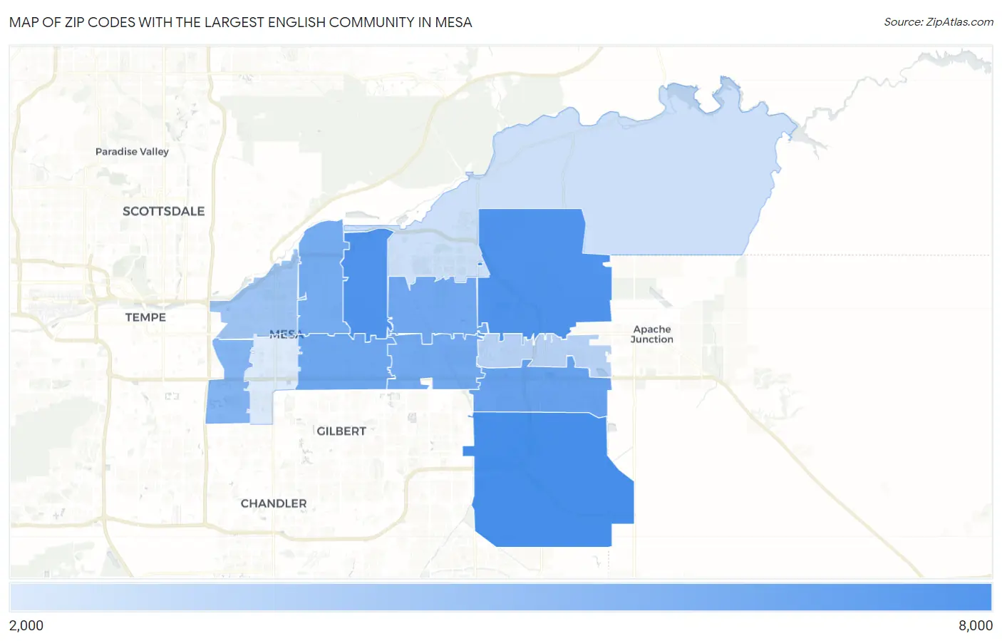 Zip Codes with the Largest English Community in Mesa Map