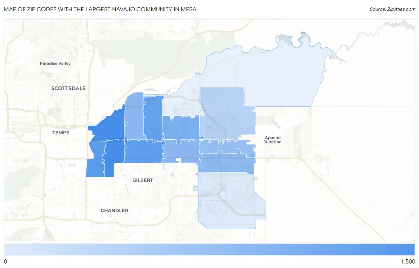 Zip Codes with the Largest Navajo Community in Mesa Map