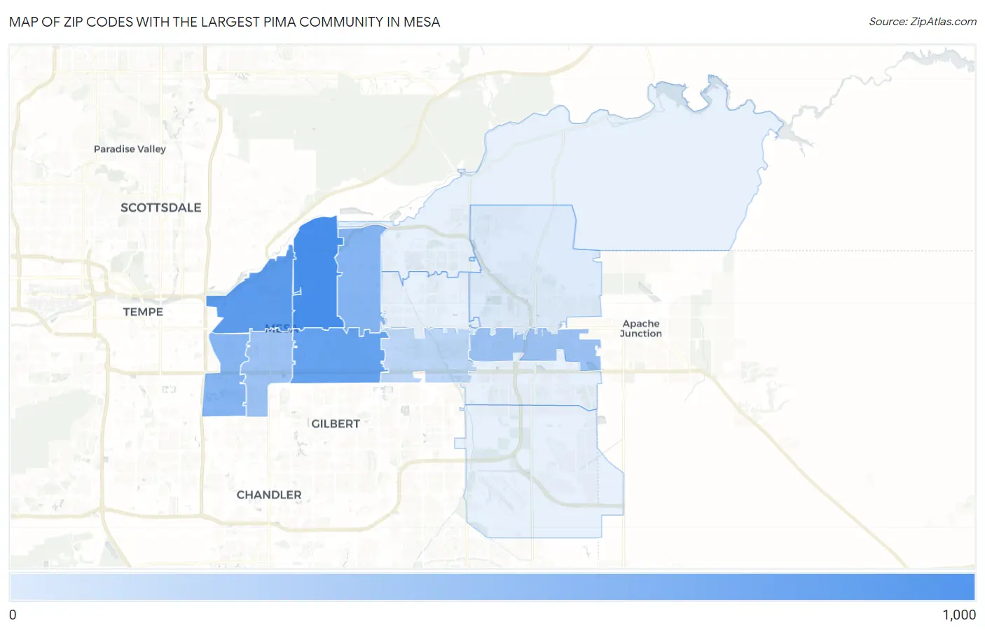 Zip Codes with the Largest Pima Community in Mesa Map