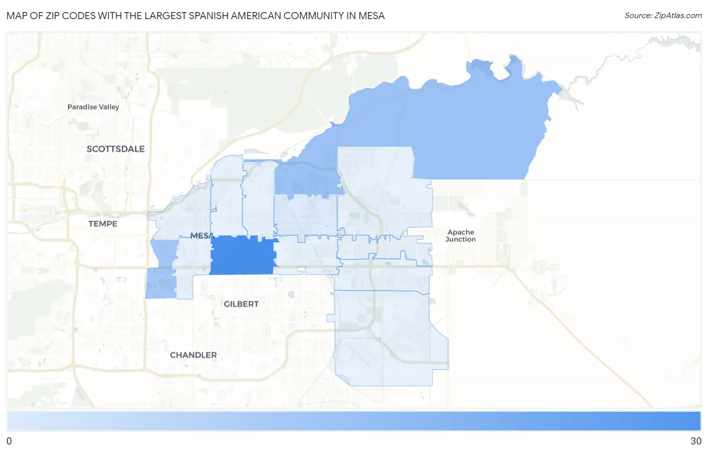 Zip Codes with the Largest Spanish American Community in Mesa Map
