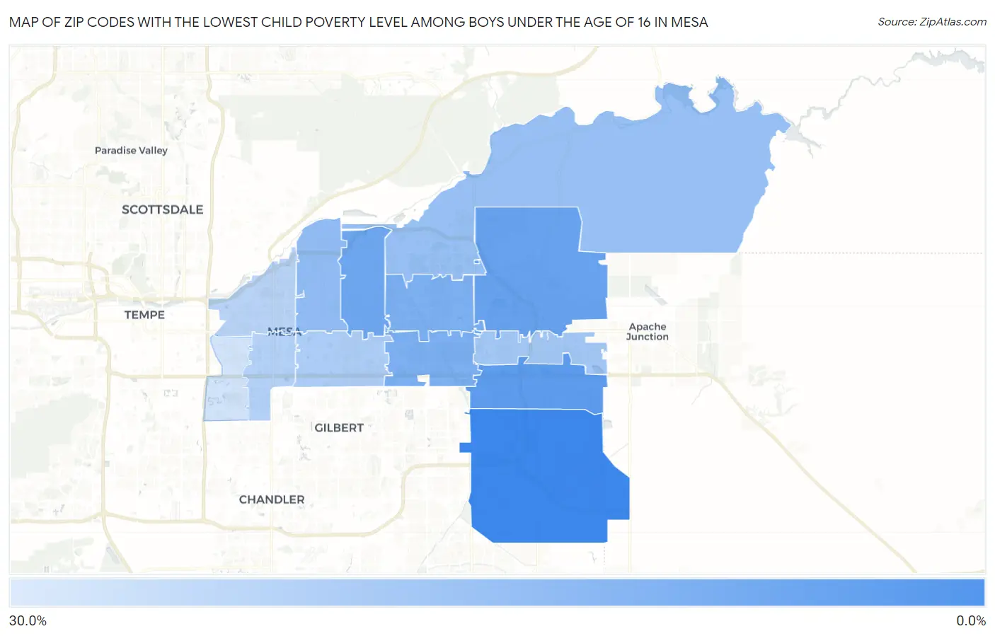 Zip Codes with the Lowest Child Poverty Level Among Boys Under the Age of 16 in Mesa Map