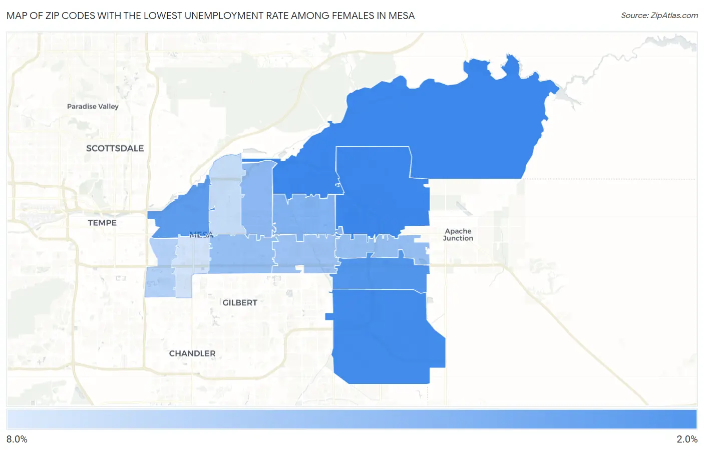 Zip Codes with the Lowest Unemployment Rate Among Females in Mesa Map